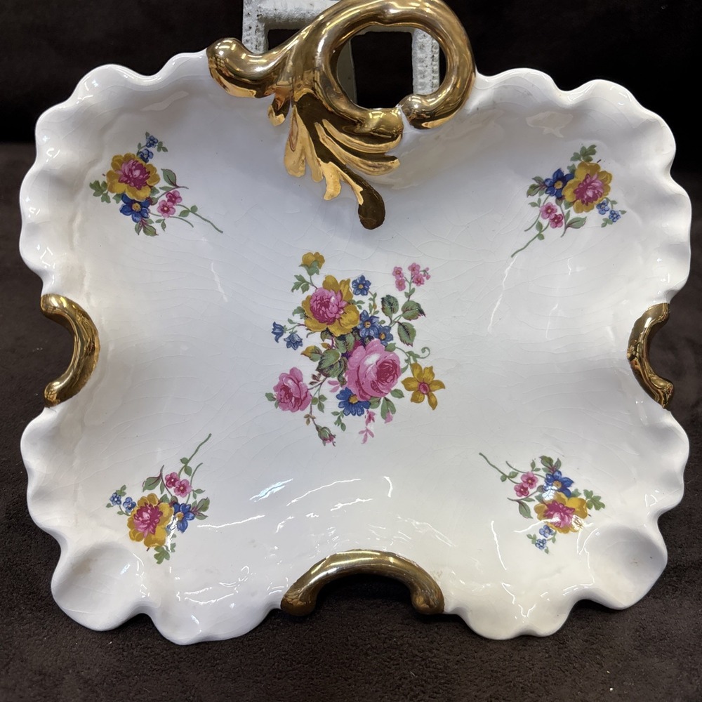 Vtg American Artwork Trinket Candy Dish Pink Blue yellow Flowers By Edna Bullock